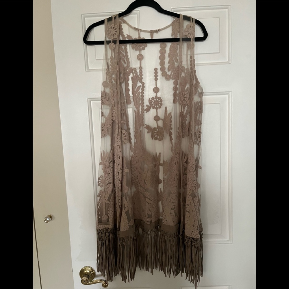 Taupe Lace Vest with fringe
